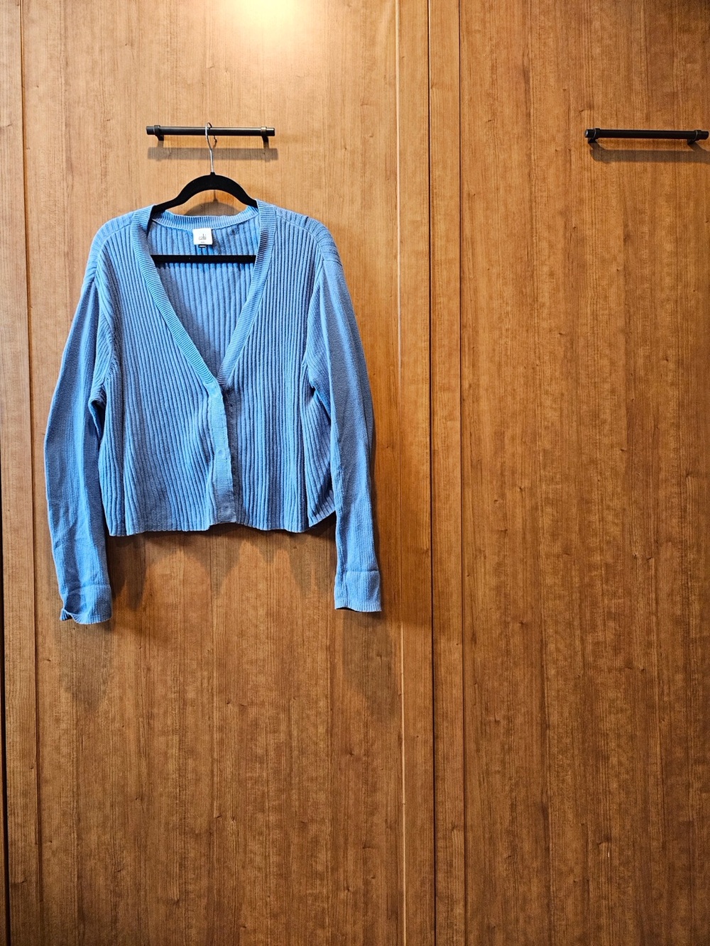 Light Blue Ribbed V-Neck Button Cardigan - Picture 2 of 4